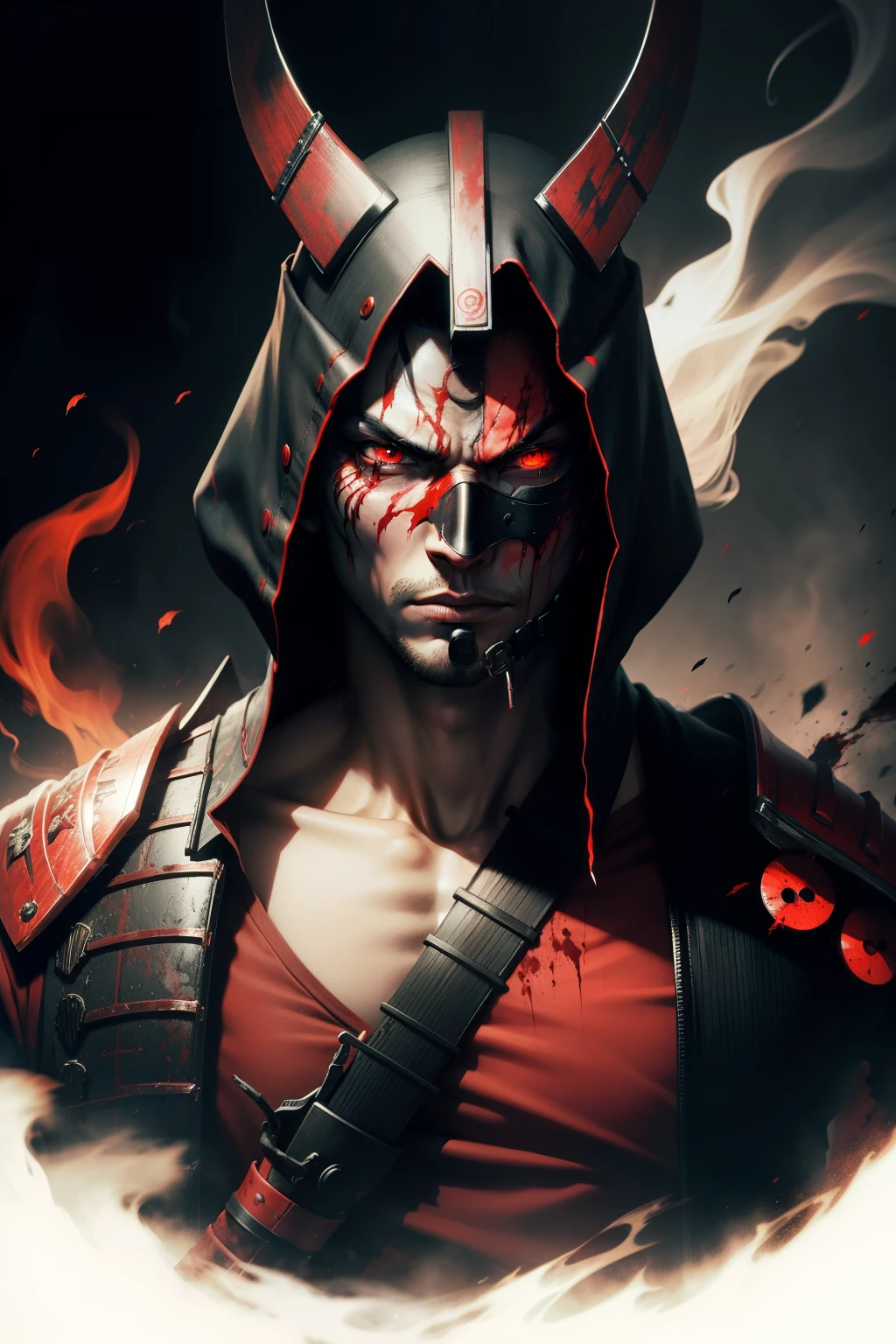 A man, Onimusha mask, Red Eye, bloody , hand Smoking, Black Background with white smoke