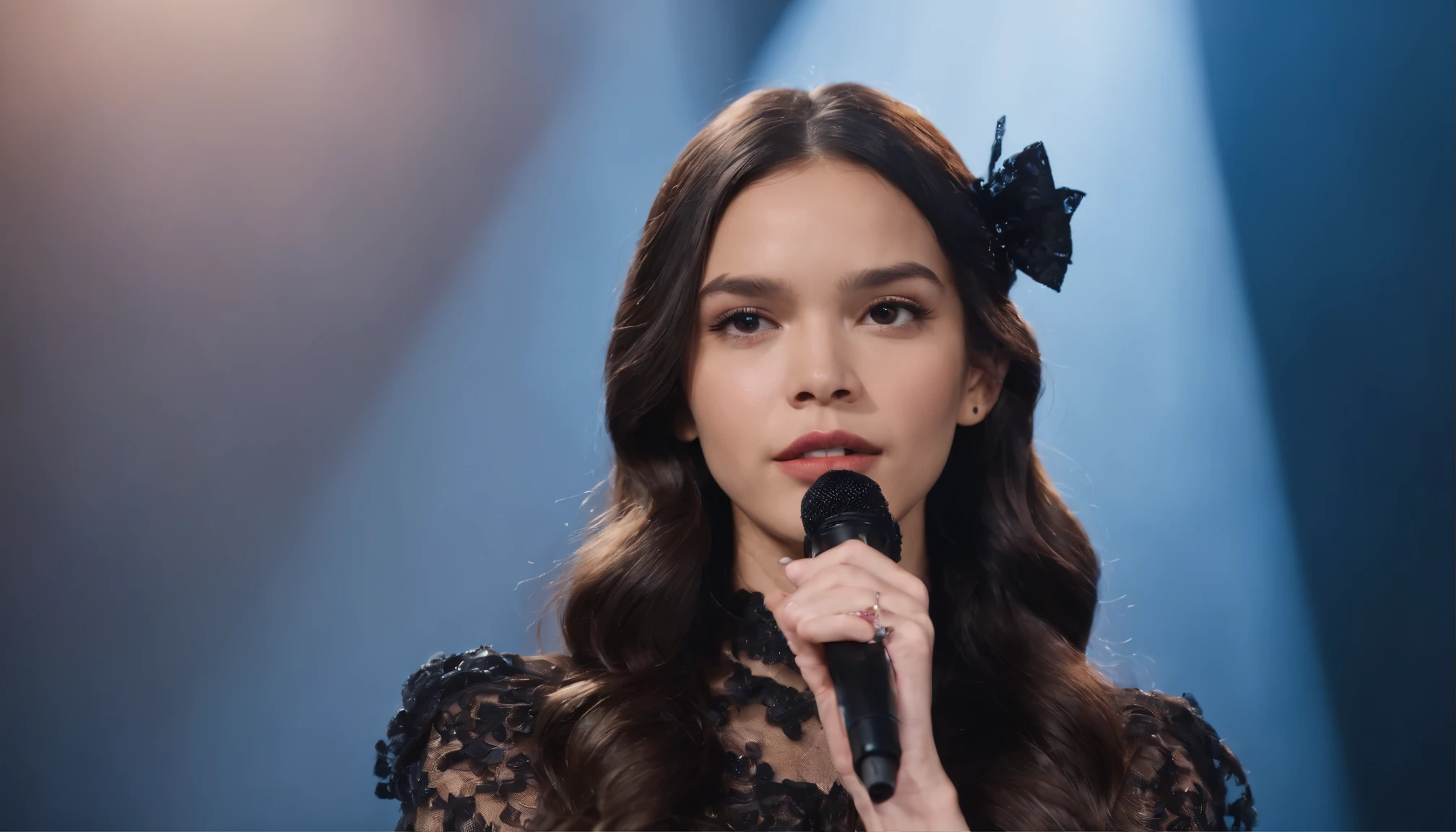 Olivia Rodrigo with wavy long black hair with clips on wearing black and blue lace dress rhinestones and bows with black long gloves on stage holding a microphone , highly detailed realistic