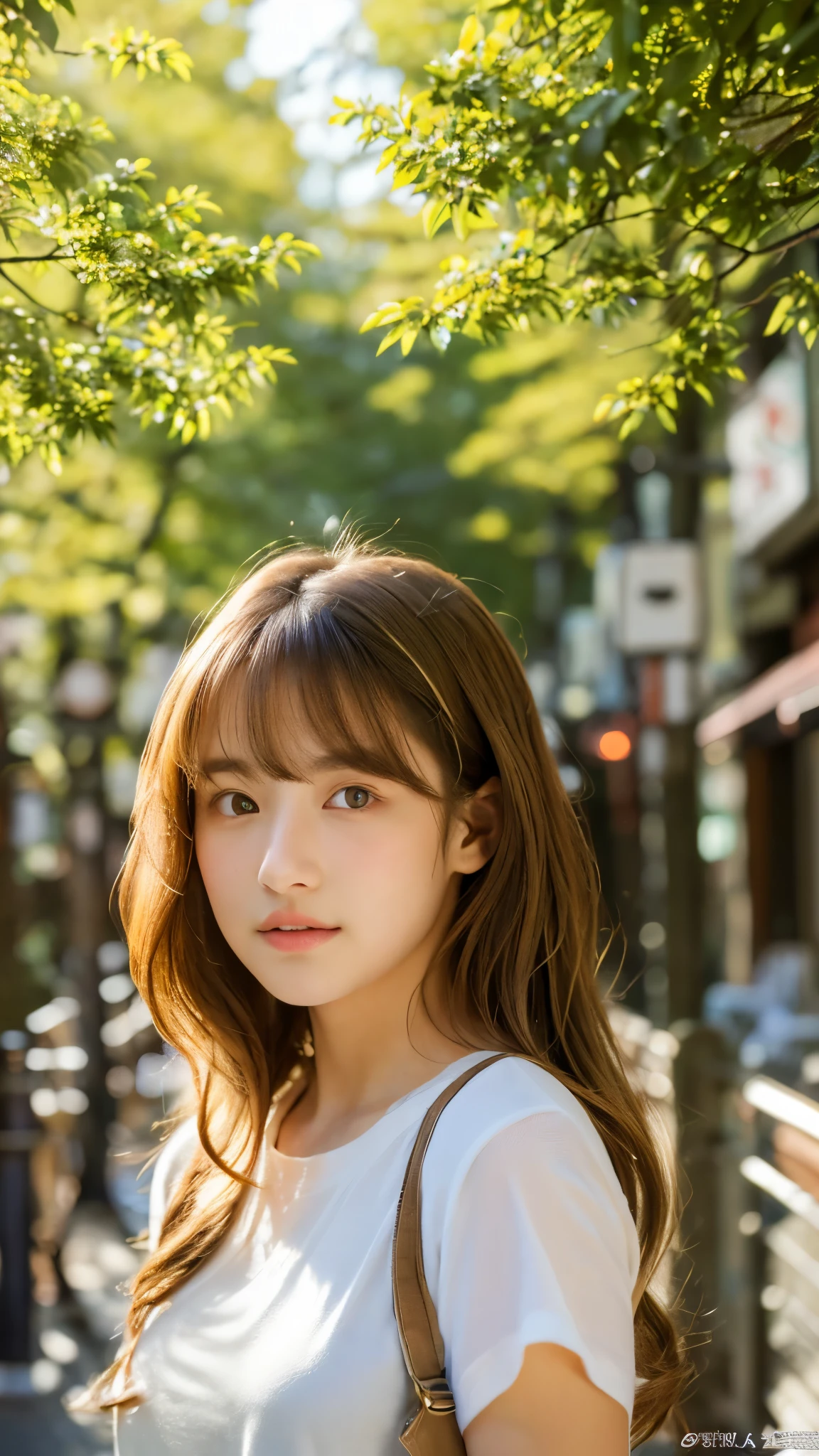 (8k, highest quality, masterpiece: 1.4), Super detailed, highest quality, Ultra-high resolution, Depth of written boundary,(Photorealistic:1.4,RAW shooting,)Ultra-Realistic Capture,(Very detailed,High definition 16K), cute, girl, Brown Hair, (In town:1.4), (Sunlight filtering through the trees:1.4), (Tokyo Street:1.4), Japanese, 16-year-old girl, Mr.々A pose, Wavy Hair, (face,front), (indoor:1.4), Sunlight streaming through the window, Face Up Shot