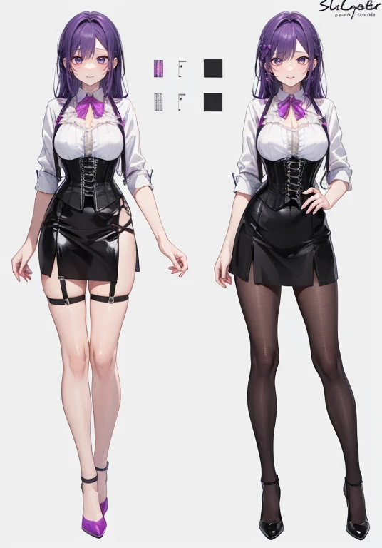 Purple hair,Long hair,Adult female,Bartender,((Body harness)),((Rolling up your sleeves shirt)),(Corset),(Tight skirt),slit,High heels,((Simple background)),Smile,((Full body)),((whole body)),Character Sheet,