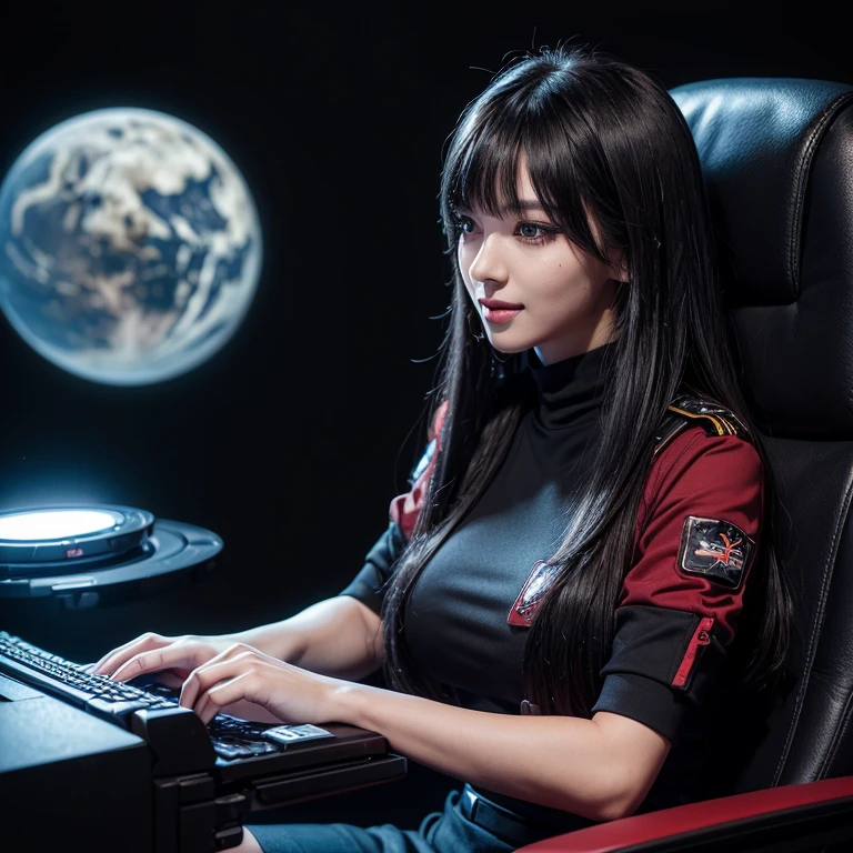 (tmasterpiece、ultra fine photos、top-quality、超A high resolution、Photorealsitic、sharp focus、(beautiful woman, makeup, black eyeshadow, black eyeliner, long eyelashes, skinny, black long hair, bangs, firm breast, detailed face, facing the camera, smile, photo taken from a distance, age of 25 years old)、Scifi space uniform, tight uniform, black and red shirt uniform, short pencil skirt、black skirt, in a spaceship, lonely, floating in space, side view, beautiful planet in the background, pilot, space bridge, pilot chair, night time, dark, dark background, dark with computer light illumination