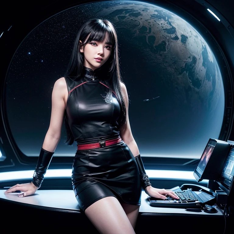 (tmasterpiece、ultra fine photos、top-quality、超A high resolution、Photorealsitic、sharp focus、(beautiful woman, makeup, black eyeshadow, black eyeliner, long eyelashes, skinny, black long hair, bangs, firm breast, detailed face, facing the camera, smile, photo taken from a distance, age of 25 years old)、Scifi space uniform, tight uniform, black and red shirt uniform, short pencil skirt、black skirt, in a spaceship, lonely, floating in space, side view, beautiful planet in the background, pilot, space bridge, pilot chair, night time, dark, dark background, dark with computer light illumination