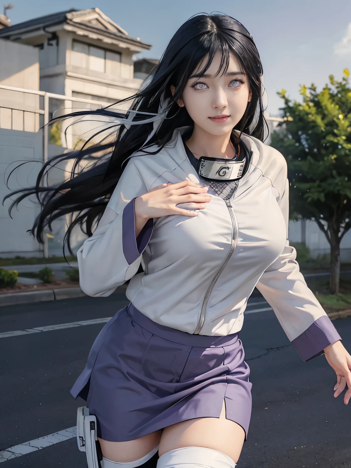 1girl, hyuga hinata in anime naruto, long hair, black hair, ((white eyes:1.4)), smile, beautiful, purple clothes, very big breast, mini skirt, big thight, running, jumping, realistic clothes, detail clothes, outdoor background, ultra detail, realistic