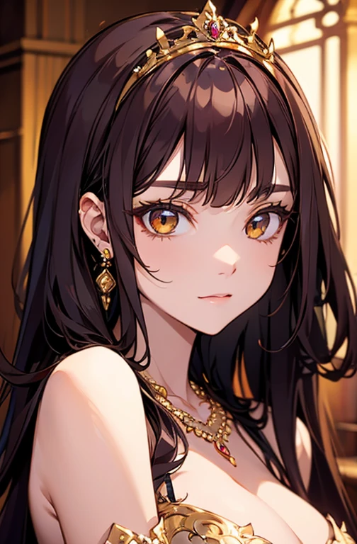 Princess , in castle , detailed hand , high quality, super quality, (detailed face:1.2), beautiful woman , golden eyes, long hair , gorgeous dress, tiara, necklace , earring , sharpe eyebrow , beautiful bangs are covering her eyes , mega breast  ,red hair 
