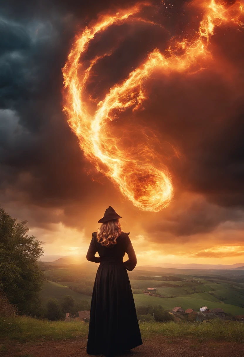 8k, close distance portrait, a female wizard with black clothes, throwing a super massive fireball to a village on the distance from hill with a storm coming