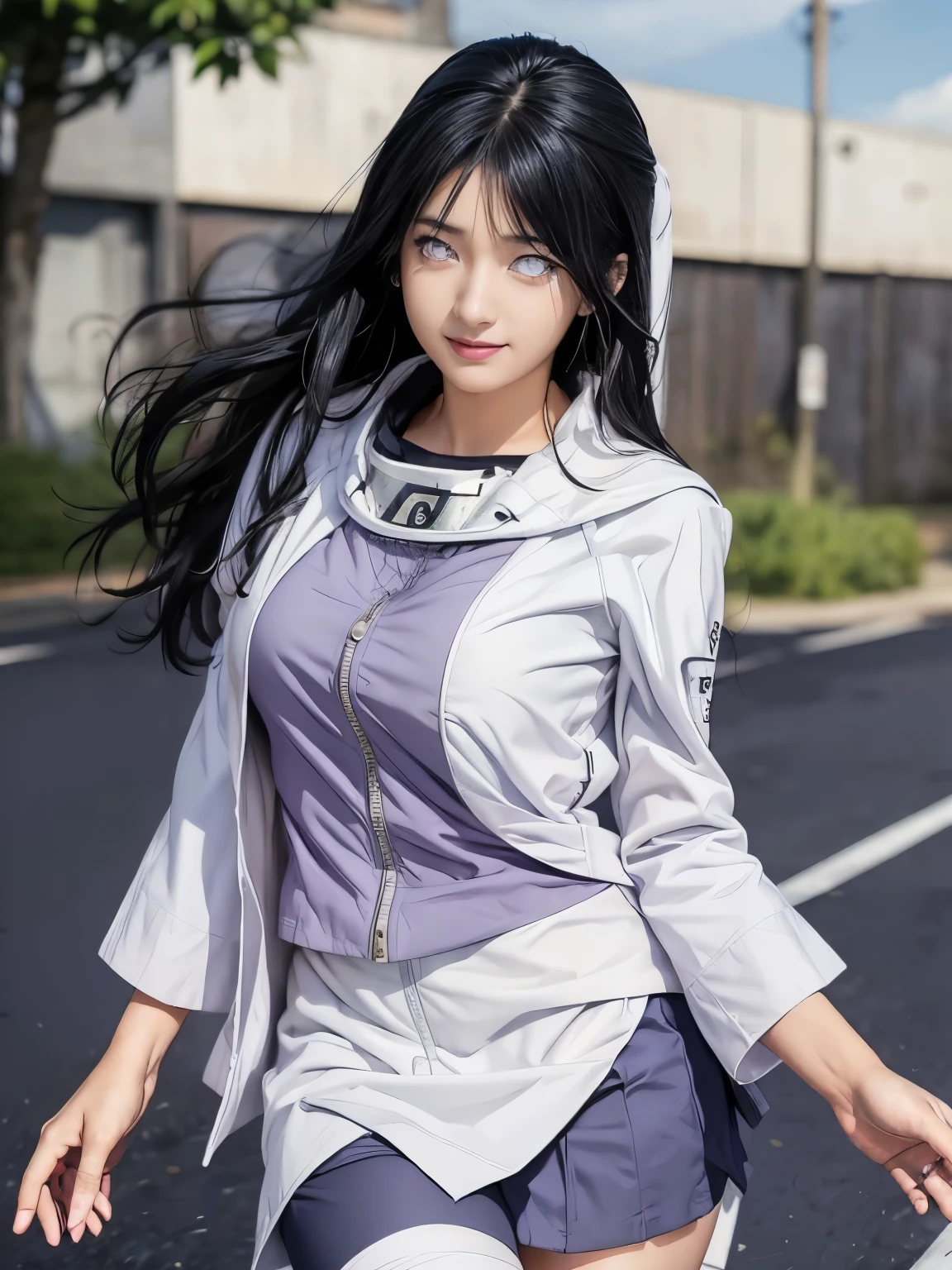 1girl, hyuga hinata in anime naruto, long hair, black hair, ((white eyes:1.4)), smile, beautiful, purple clothes, very big breast, mini skirt, big thight, running, jumping, realistic clothes, detail clothes, outdoor background, ultra detail, realistic