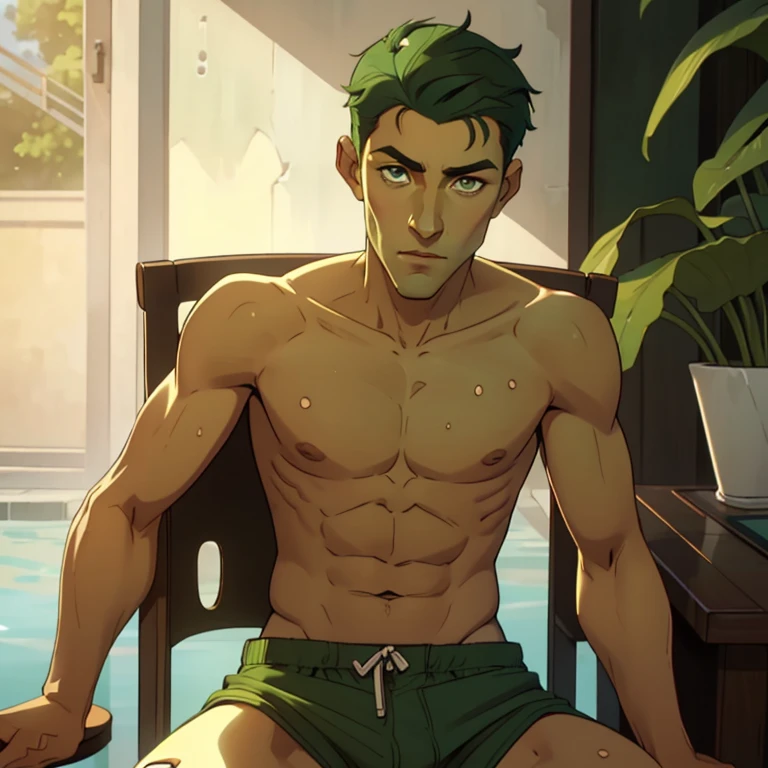 jon, a young guy in his 30s with asymmetric very short brown hair, green eyes with brown specs, a flat nose, smooth skin, slim athletic body, ((full body, sitting on chair, nude upper body, green swim trunks)), holding a drink