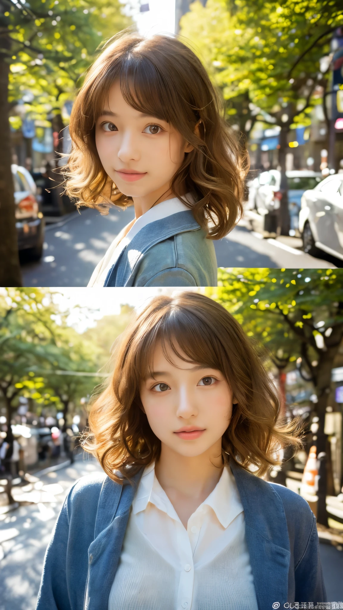 (8k, highest quality, masterpiece: 1.4), Super detailed, highest quality, Ultra-high resolution, Depth of written boundary,(Photorealistic:1.4,RAW shooting,)Ultra-Realistic Capture,(Very detailed,High definition 16K), cute, girl, Brown Hair, (In town:1.4), (Sunlight filtering through the trees:1.4), (Tokyo Street:1.4), Japanese, 16-year-old girl, Mr.々A pose, Wavy Hair, (face,front), Sunlight streaming through the window, Face Up Shot, short hair