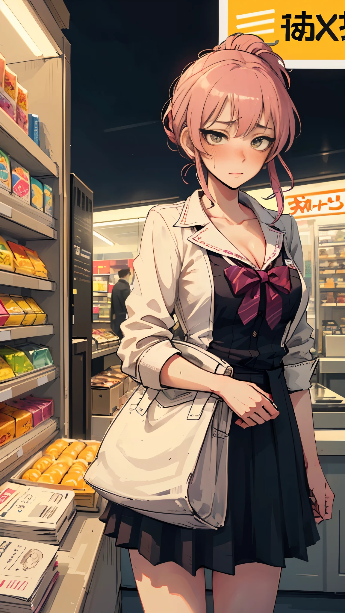 Accurate human body、Knowledgeable person、Correct five-finger、
(Oilskin,Glowing Skin、Realistic skin texture、Beautiful skin in every detail)、
Written boundary depth, Focus on the center, Beautiful Eyes, Perfect face and eyes、
high school girl 、(Slender body:1.4, kogyaru JK, high school girl uniform)、((blush、vapor,Sweat))、-yeld gikogyaru,
(Black Hair, ponytail),
A girl came to buy condoms、Standing in front of a white cash register、Buy condoms、((Embarrassed, I bow my head))、(Standing shyly:1.2, blush and bow)、((Big Breasts))、Big cleavage、
convenience store、Look down,Detailed Background、A person who writes in detail、Late-night Japanese convenience stores、A long, white cash register counter