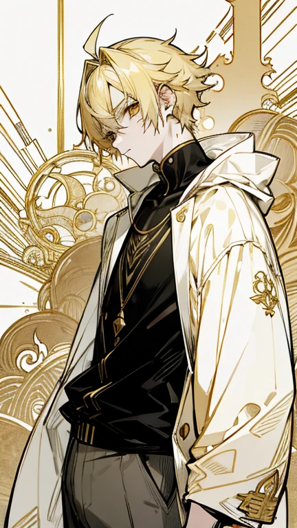 Anime male , cool style cloths , golden marks pale yellow hair and eye,