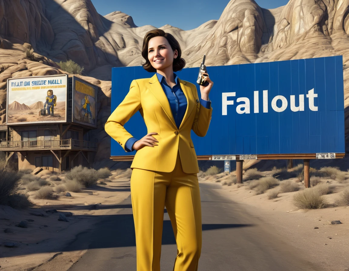 background the Desert from the game "Fallout". The beautiful brunette in a blue-yellow suit of a shelter 13, in a hand of Desert Eagle of 0.44 mm a trunk up. Bad smile. On the background the crumpled billboard with the drawn Vault Boy. UHD. Hyper specification. Cinematic shadows. Masterpiece, potential grand prize contender at 35awards, 32k, ultra-clear, digital render, High Resolution, High Quality, Masterpiece