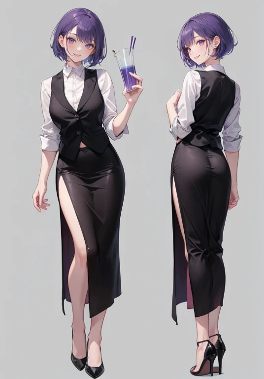 ((Perfect Face)),Purple Hair,short hair,1 female,bartender,,Black vest,skirt,slit,High heels,((Simple light color background)),((smile)),((whole body)),((whole body)),Portraits,Character Sheet,upright,expensive
