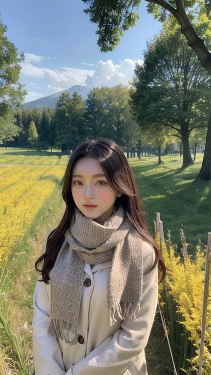 8k, highest quality, masterpiece, Realistic, Super detailed, photo Realistic, Improvement of quality, 
Photo of a girl standing in a field wearing a scarf, The designer&#39;s dark and gloomy style, Large chunk, Photobash, Calm face, Jagged Edges, navy, Natural Beauty, Close-up shot
