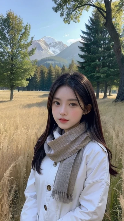 8k, highest quality, masterpiece, Realistic, Super detailed, photo Realistic, Improvement of quality,
Photo of a girl standing in a field wearing a scarf, The designer's dark and gloomy style, Large chunk, Photobash, Calm face, Jagged Edges, navy, Natural Beauty, Close-up shot