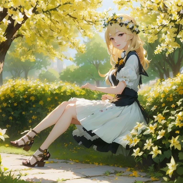 anime girl sitting on a bench in a park with flowers, in dress, cushart krenz key art feminine, guweiz on pixiv artstation, rin, beautiful anime girl, blonde anime girl with long hair, anime lush john 8k woods, anime style 4 k, guweiz on artstation pixiv, beautiful sunflower anime girl