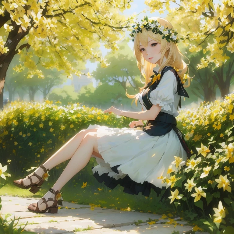 anime girl sitting on a bench in a park with flowers,  in dress, cushart krenz key art feminine, guweiz on pixiv artstation, rin, beautiful anime girl, blonde anime girl with long hair, anime lush john 8k woods, anime style 4 k, guweiz on artstation pixiv, beautiful sunflower anime girl