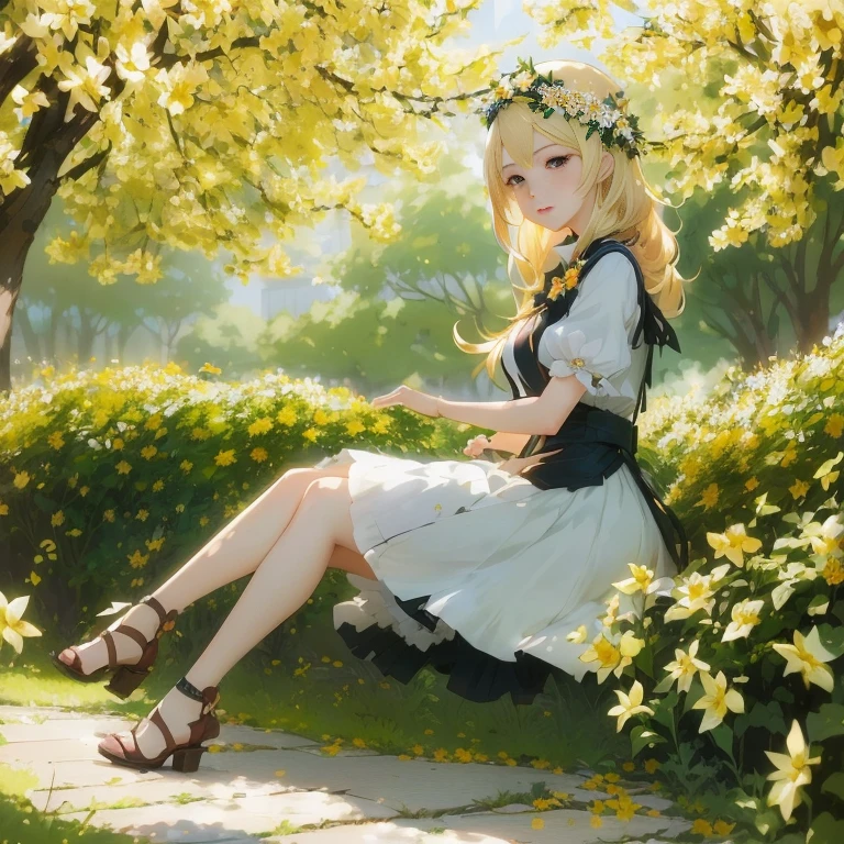 anime girl sitting on a bench in a park with flowers, in dress, cushart krenz key art feminine, guweiz on pixiv artstation, rin, beautiful anime girl, blonde anime girl with long hair, anime lush john 8k woods, anime style 4 k, guweiz on artstation pixiv, beautiful sunflower anime girl