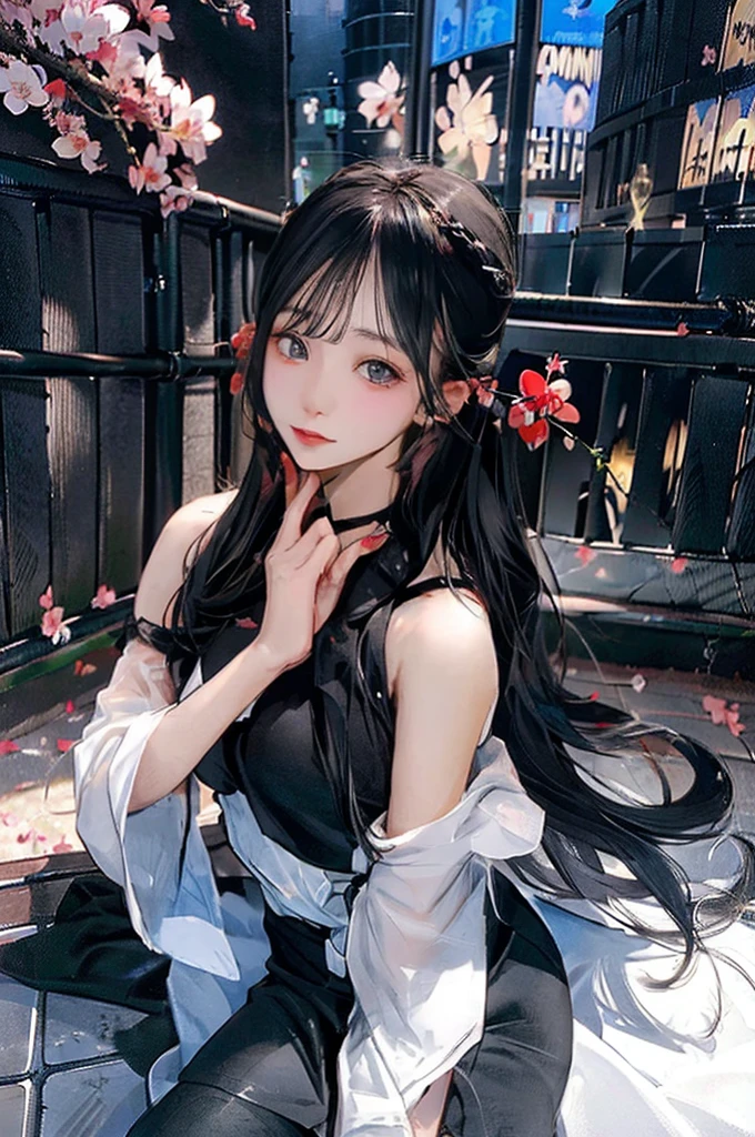Armpit Hair、Show both sides、High heels(Black)、pantyhose(Black)、garter belt(Black)、Big Breasts、Long Hair(Black、straight)、Squat、Leg spread、Married Woman、first round、Voluptuous、Puddle、Outdoor、garden、Cherry Blossom Viewing、cherry blossoms