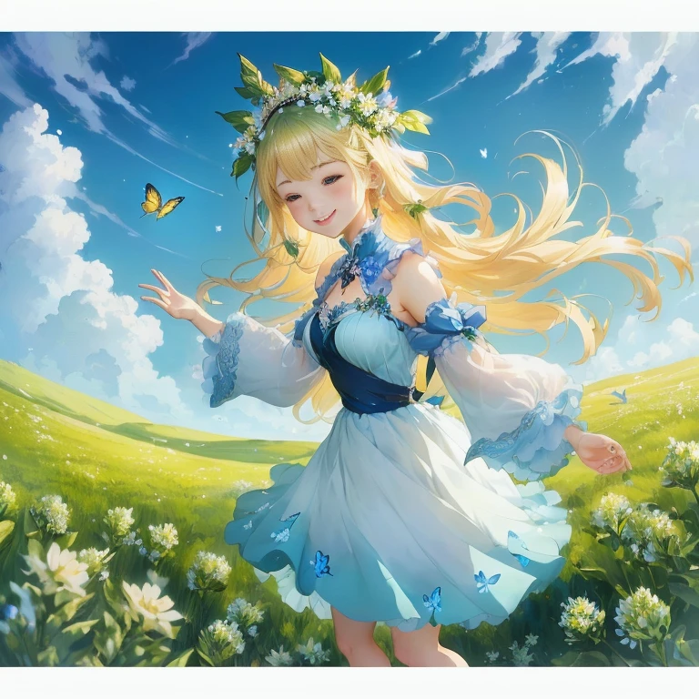 anime girl in a blue dress with a butterfly in her hair, goddess of spring, goddess of summer, the goddess of summer, smiling as a queen of fairies, official artwork, goddess of nature, trending on artstation pixiv, guweiz on pixiv artstation, beautiful maiden, , rin, guweiz on artstation pixiv