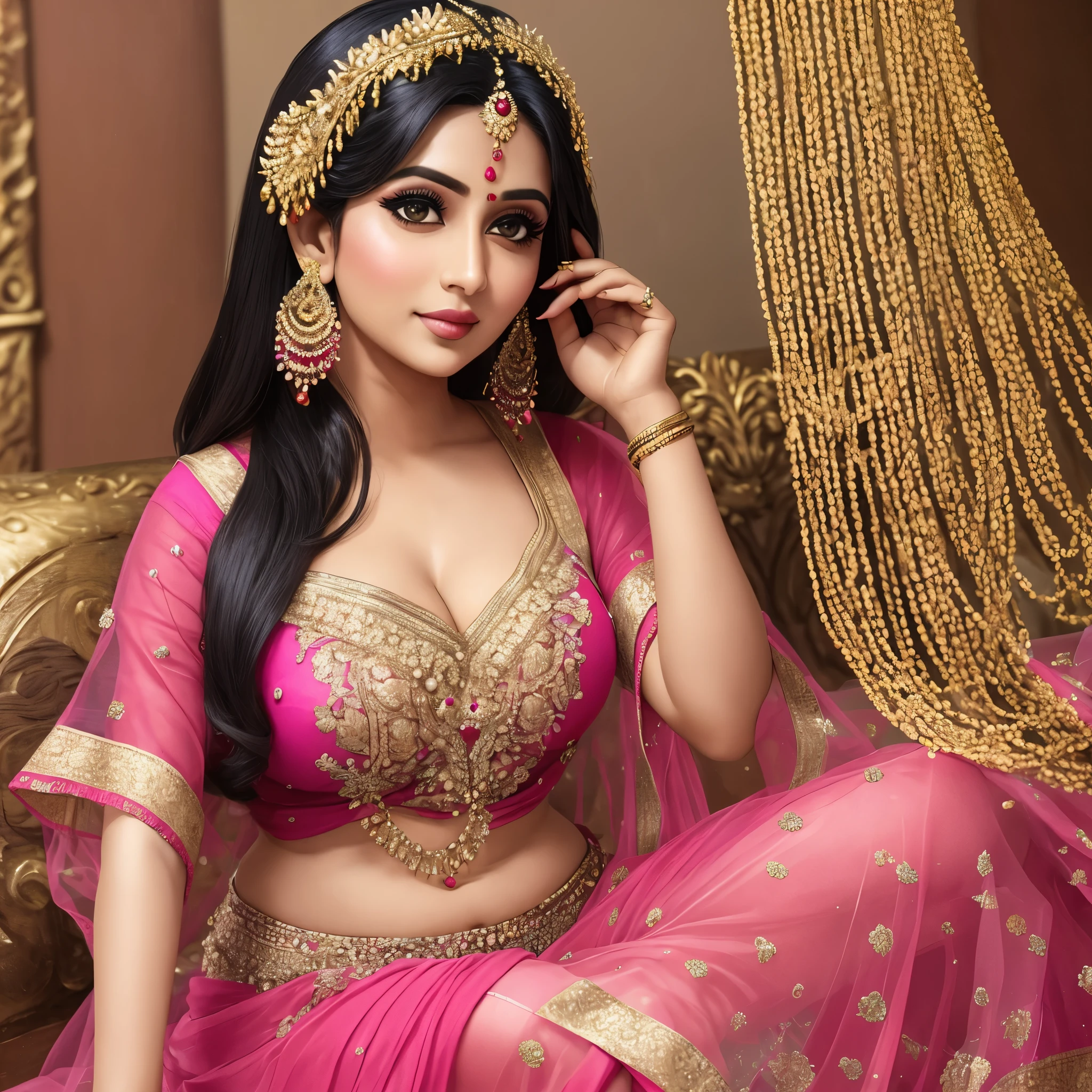 a Bangladeshi fat woman in a pink transparent Blouse and Petticoat sitting on a couch, Bangladeshi actress, Joya Ahsan, dressed in a transparent petticoat, traditional beauty, wearing bihu dress mekhela sador, wearing transparent blouse, wearing a transparent petticoat, veils and gold jewels, sari, very beautiful elegant style, festival of rich colors, traditional transparent dressing, very beautiful, traditional makeup, Bangladeshi style, Cleavage, breast, lips, long black hair, legs, Joya Ahsan face, Joya Ahsan body ((Joya Ahsan)), ((Totally naked)) --auto --s2