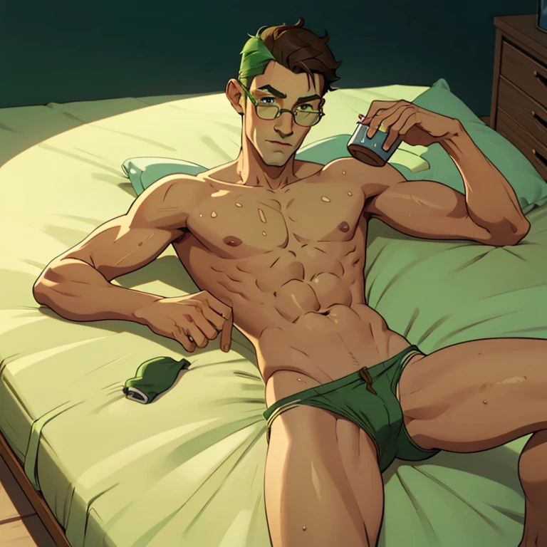 jon, a young guy in his 30s with asymmetric very short brown hair, green eyes with brown specs, a flat nose, smooth skin, slim athletic body, ((full body, lying on bed, nude upper body, green swim trunks)), holding a drink
