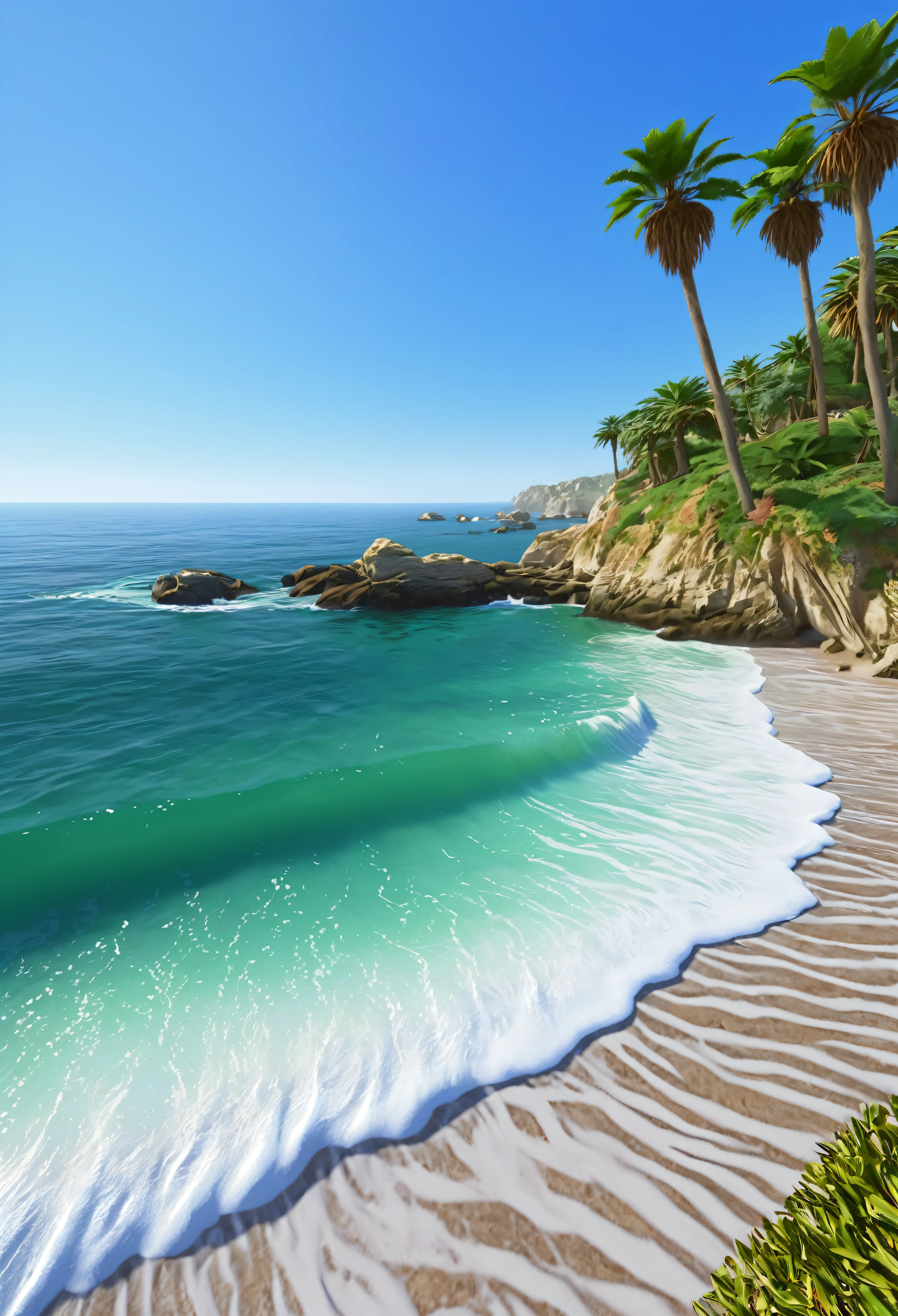 best quality,4k,8k,highres,masterpiece:1.2,ultra-detailed,realistic,photorealistic,landscape,blue coast,ocean waves,rocky cliffs,seagulls,calm and serene atmosphere,sunlight reflecting on the water,soft sandy beach,gentle breeze,peaceful and tranquil,turquoise water,green palm trees,cloudless sky,smooth brushwork,color harmony,subtle color variations,natural lighting,gentle waves lapping at the shore,beautiful coastline,secluded cove,splashing foam,clear horizon,vivid colors,realistic textures,harmonious composition,soft hues,serene ambiance,impressionistic style,relaxing and soothing,coastal escape,fine art,ethereal setting