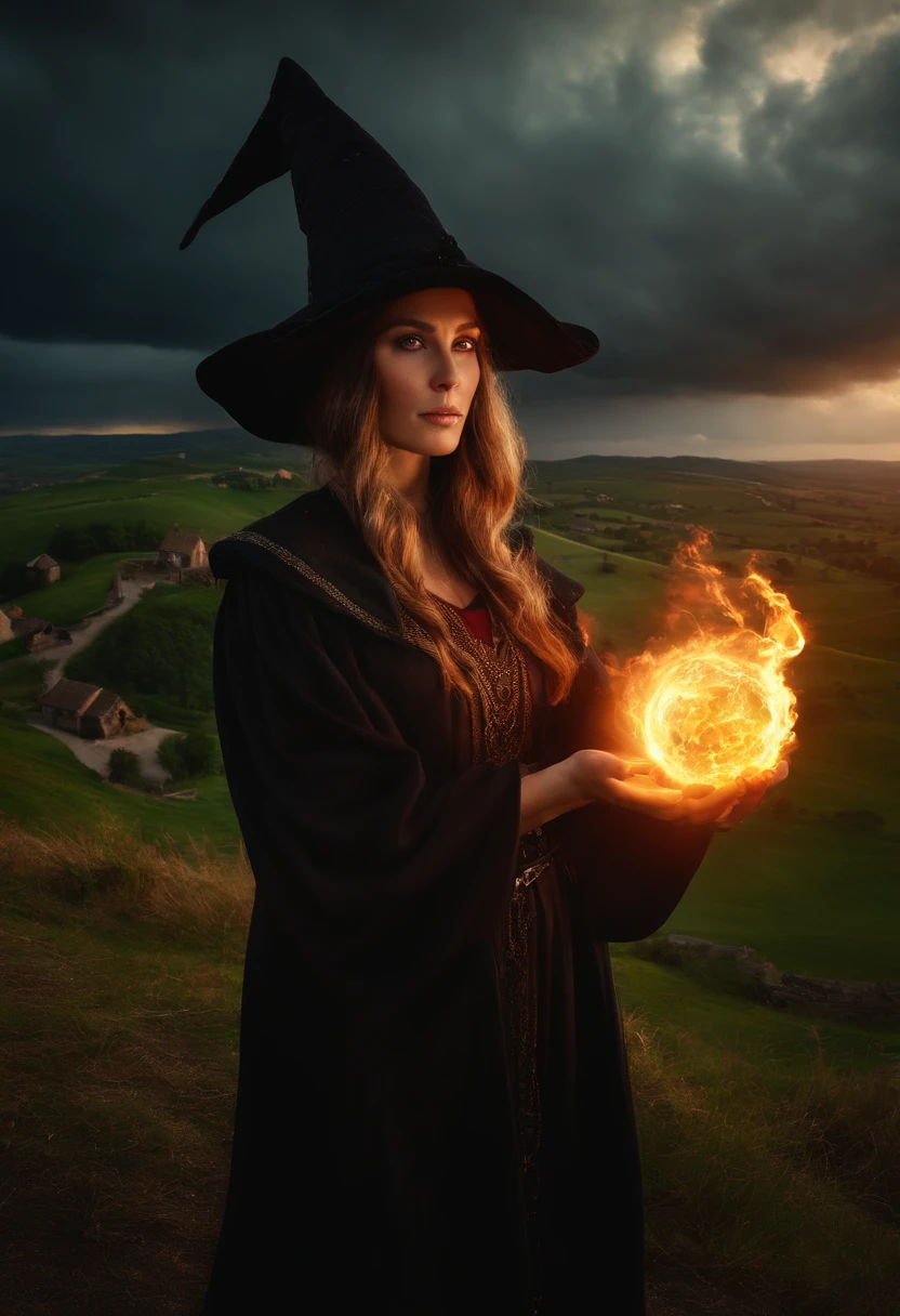 8k, close distance portrait, a female wizard with black clothes and detailed perfect eyes, throwing a super massive fireball to a village in the distance from hill with a storm coming