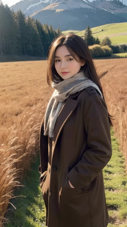 8k, highest quality, masterpiece, Realistic, Super detailed, photo Realistic, Improvement of quality,
Photo of a girl standing in a field wearing a scarf, The designer's dark and gloomy style, Large chunk, Photobash, Calm face, Jagged Edges, navy, Natural Beauty, Close-up shot