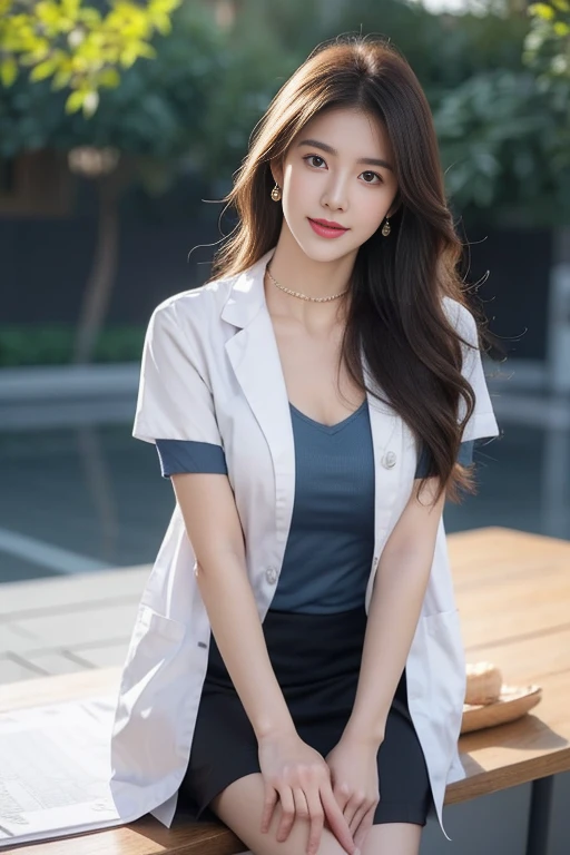(((Medium hair))), Best quality, 8K, HDR, High resolution, full body photo Close-up photo of the shin, Blurry background, Bokeh:1.2, Photography, (RAW photo:1.2), (Realistic: 1.4), (masterpiece:1.3), (complicated details:1.2), 1 girl, single, delicate, beautiful, (detailed eyes), (detailed face), hair in one eye, purple eyes,Golden blonde hair, bob, side bangs, sitting, sharp eyeliner, blush eyeshadow with thick eyelashes, very delicate and beautiful. , round chin, 100 cm round earrings, sharp eyes, letter choker, diamond necklace, (symmetrical eyes)(perfectly symmetrical body) photo of a beautiful 20 year old girl, beautiful and charming with contemporary fashion drawings as well....., look at the person view,flat stomach, (((Perfect breasts))), tight, (looking_at_viewer), from_front, (thin), (best quality: 1.4), (ultra high resolution: 1.2), movie studio lighting, (illustration at Very detailed), (lip gloss, best quality, ultra high resolution, depth of field, caustic, wide exposure, natural shading, 85mm f/1.4, ISO 200, 1/ 160s:0.75), belt 3.5 cm, sitting on a study table. Raise one left leg on tiptoe. Allow your right leg to open freely at eye level,wearing engineering boots. Dynamic pose, smile, ((mahalaiuniform,white shirt short sleeves covered with a (((Dark blue short sleeved lab coat))))), (((Medium hair))), Best quality, 8K, HDR, High resolution, full body photo Close-up photo of the shin, Blurry background, Bokeh:1.2, Photography, (RAW photo:1.2), (Realistic: 1.4), (masterpiece:1.3), (complicated details:1.2), 1 girl, single, delicate, beautiful, (detailed eyes), (detailed face), hair in one eye, purple eyes,Golden blonde hair, bob, side bangs, sitting, sharp eyeliner, blush eyeshadow with thick eyelashes, very delicate and beautiful. , round chin, 100 cm round earrings, sharp eyes, letter choker, diamond necklace, (symmetrical eyes)(perfectly symmetrical body) photo of a beautiful 20 year old girl, beautiful and charming with contemporary fashion drawing