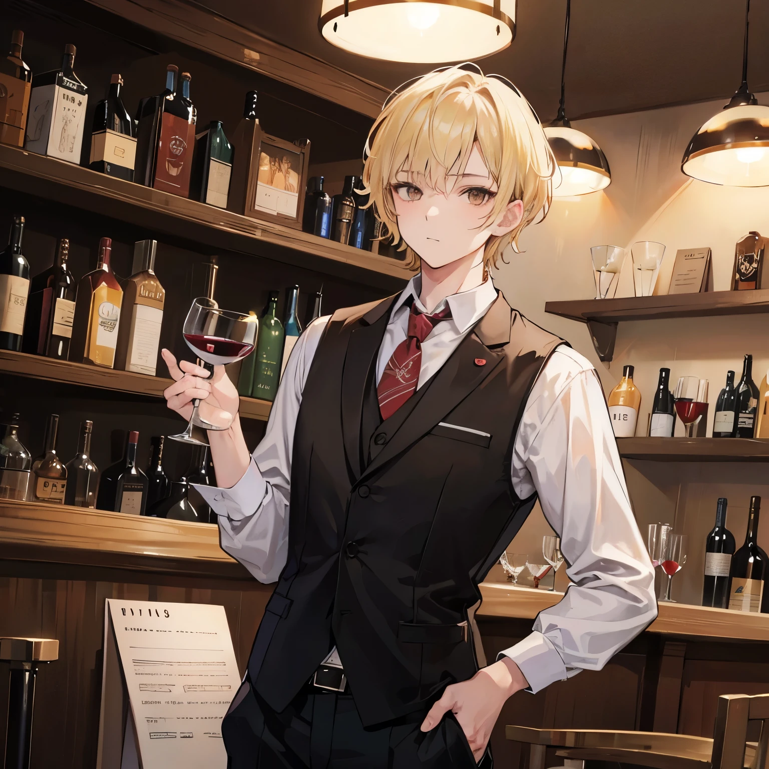 adult male, short hair, blonde hair, brown eyes, bartender suit,wine glass holding