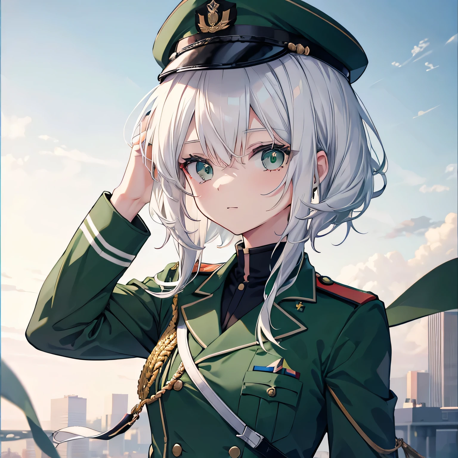 White-haired girl，Dark green military uniform