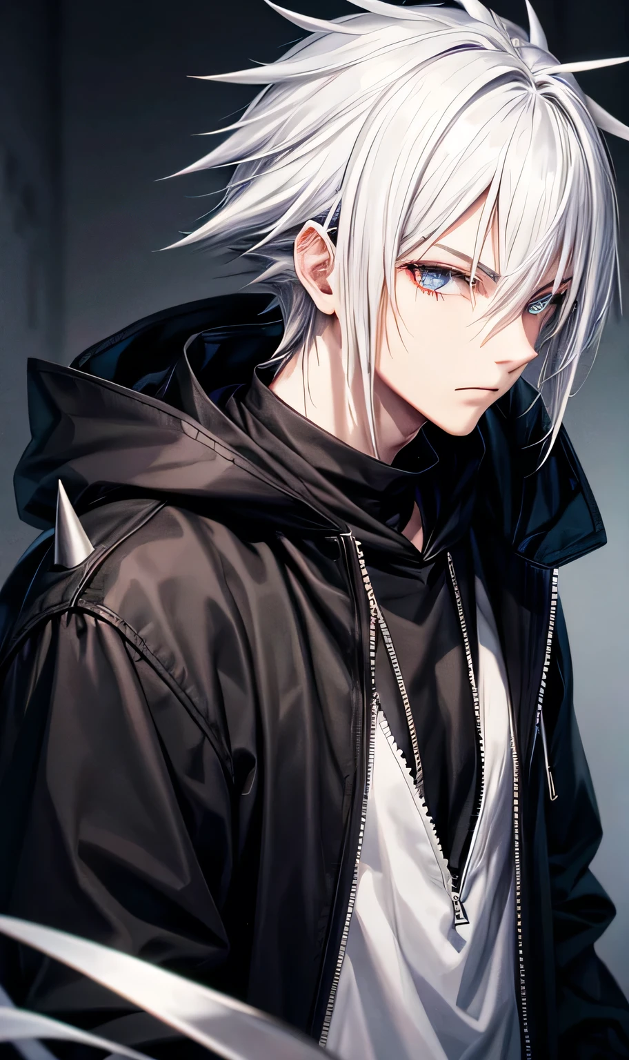 Black hoodie,Wearing a hood,
male,silver hair,Spiky Hair,Visual Kei,