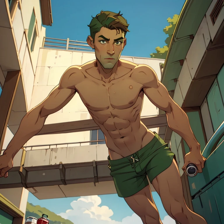jon, a young guy in his 30s with asymmetric very short brown hair, green eyes with brown specs, a flat nose, smooth skin, slim athletic body, ((full body, perspective from bottom, looking down, nude upper body, green swim trunks)), holding a drink