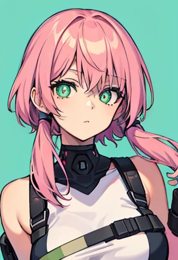 Human female, pink hair , holding gun , Green pupils 