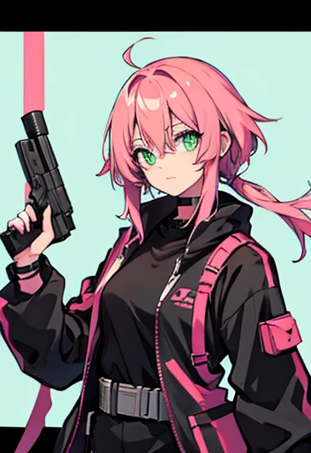 Human female, pink hair , holding gun , Green pupils 