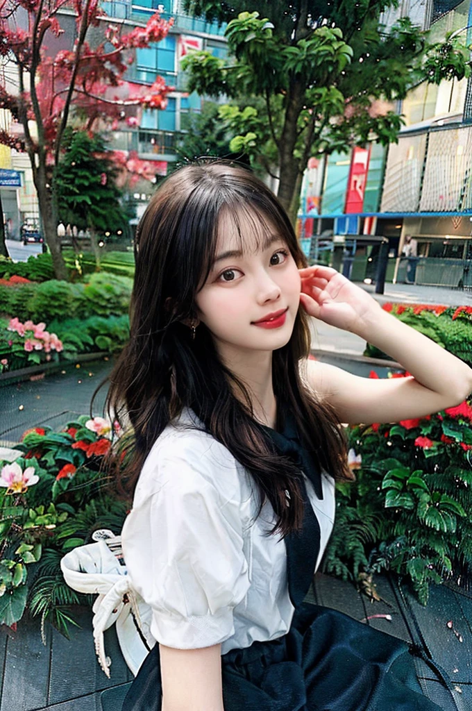 Armpit Hair、Show both sides、High heels（Black）、pantyhose（Black）、garter belt（Black）、Big Breasts、Long Hair（Black、straight）、Squat、Leg spread、Married Woman、first round、Voluptuous、Puddle、Outdoor、garden、Cherry Blossom Viewing、cherry blossoms