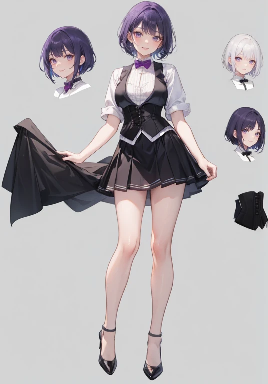 Purple hair,Short hair,Adult female,(Bartender),((Body harness)),((Black vest)),(Rolling up your sleeves shirt),(Corset),(Above knee length skirt),High heels,((Simple background)),Smile,((Full body)),((whole body)),Character Sheet,