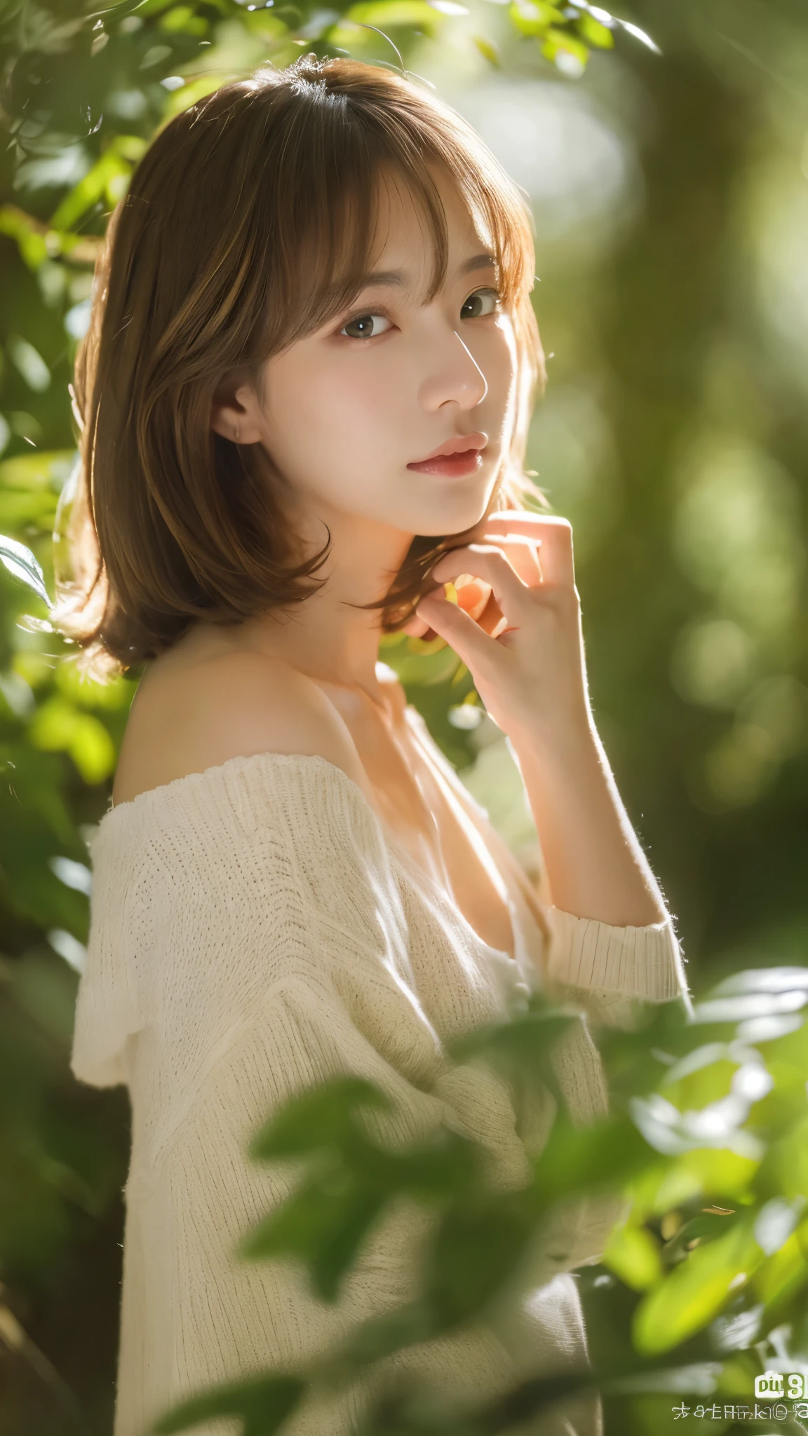 (8k, highest quality, masterpiece: 1.4), Super detailed, highest quality, Ultra-high resolution, Depth of written boundary,(Photorealistic:1.4,RAW shooting,)Ultra-Realistic Capture,(Very detailed,High definition 16K), cute, girl, Brown Hair (Sunlight filtering through the trees:1.4), Japanese, 16-year-old girl, Mr.々A pose, Wavy Hair, (face,front), (indoor:1.4), Sunlight streaming through the window, Face Up Shot, short hair, Inside the room