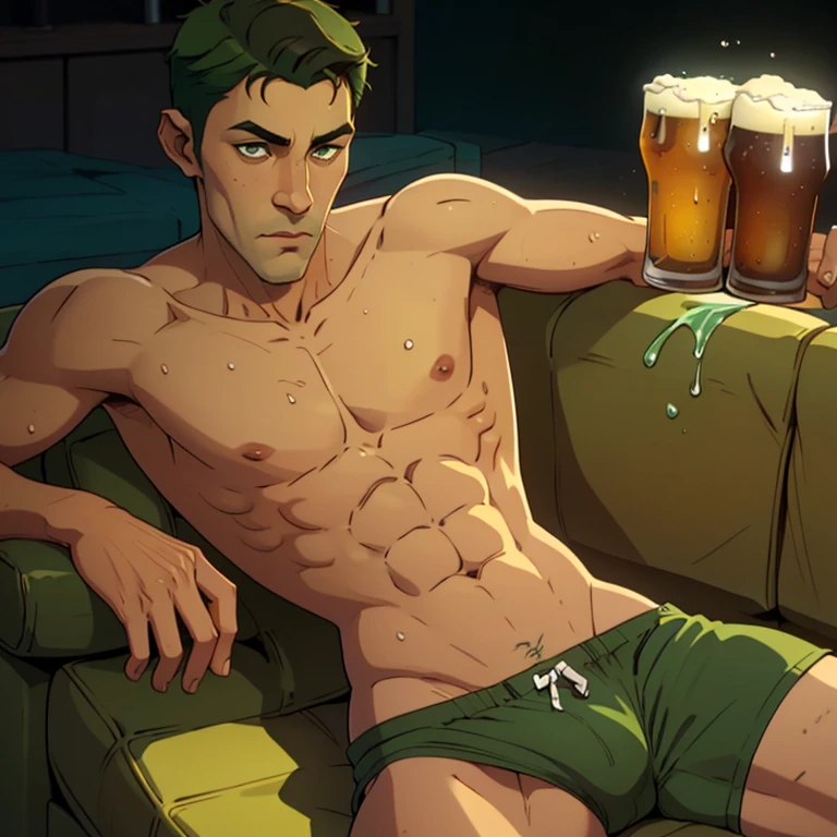 jon, a young guy in his 30s with asymmetric very short brown hair, green eyes with brown specs, a flat nose, smooth skin, slim athletic body, ((full body, lazy on sofa with a beer, nude upper body, green swim trunks)), holding a drink, lazy, drunk, drunk look