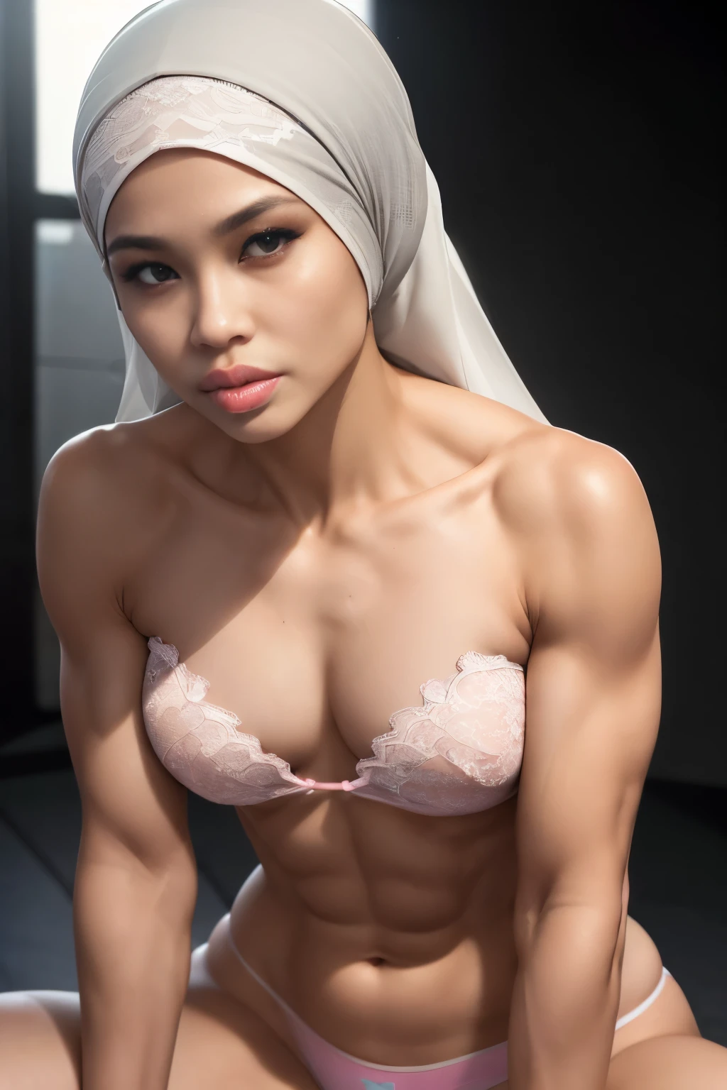 ((thick lips:1.6)), Lace blindfold, ((SHORT HIJAB)), ((Flat chest:1.7)), (dynamic photograph of a 58 year old Indonesian woman), (slim top, cotton panties), (straight non curly hair), (highly detailed face:1.4), (vascular muscles and abs:1.3), (background inside light, bright, private gym:1.1), (8k, uhd, dslr, high quality, cinematic lighting, bokeh), (dramatic, award winning photography, incredible masterpiece:1.3), (((sexy sultry stare at camera:0.8))), close up, ((she is ready to dominate you:0.5)), ((beautiful feminine face)) (she is a champion MMA fighter), add_detail:1, ((Wearing strapless pastel)) lace yellow fluorescence , from behind view, seductive pose, straddling ,