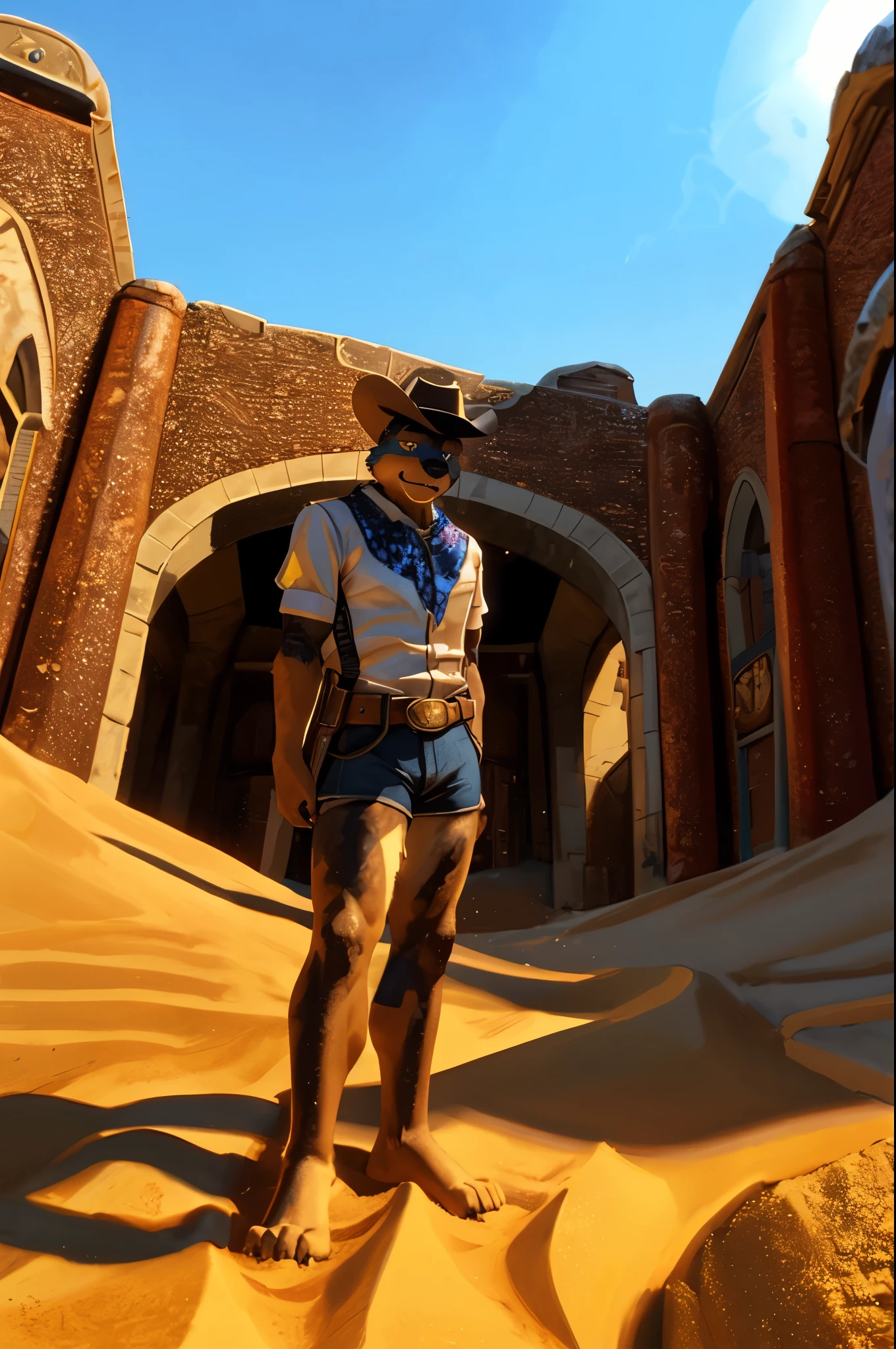 (((Barefoot furry character, full body, cinematic setting, furry male, plantigrade))) Dream on, (little Broomstick Cowboy) Of rocket ships and Mars Of sunny days and Willie Mays And chocolate candy bars Dream on, (little Broomstick Cowboy) Dream while you can Of big green frogs and puppy dogs And castles in the sand BREAK, nice soles, detailed background, 8K, (masterpiece:1.5), intricate details, highly detailed, extreme detail, octane render, fine art, best quality, highres, (detailed face:1.5), ((full_body)), UHD, (((perfect hands))), low light