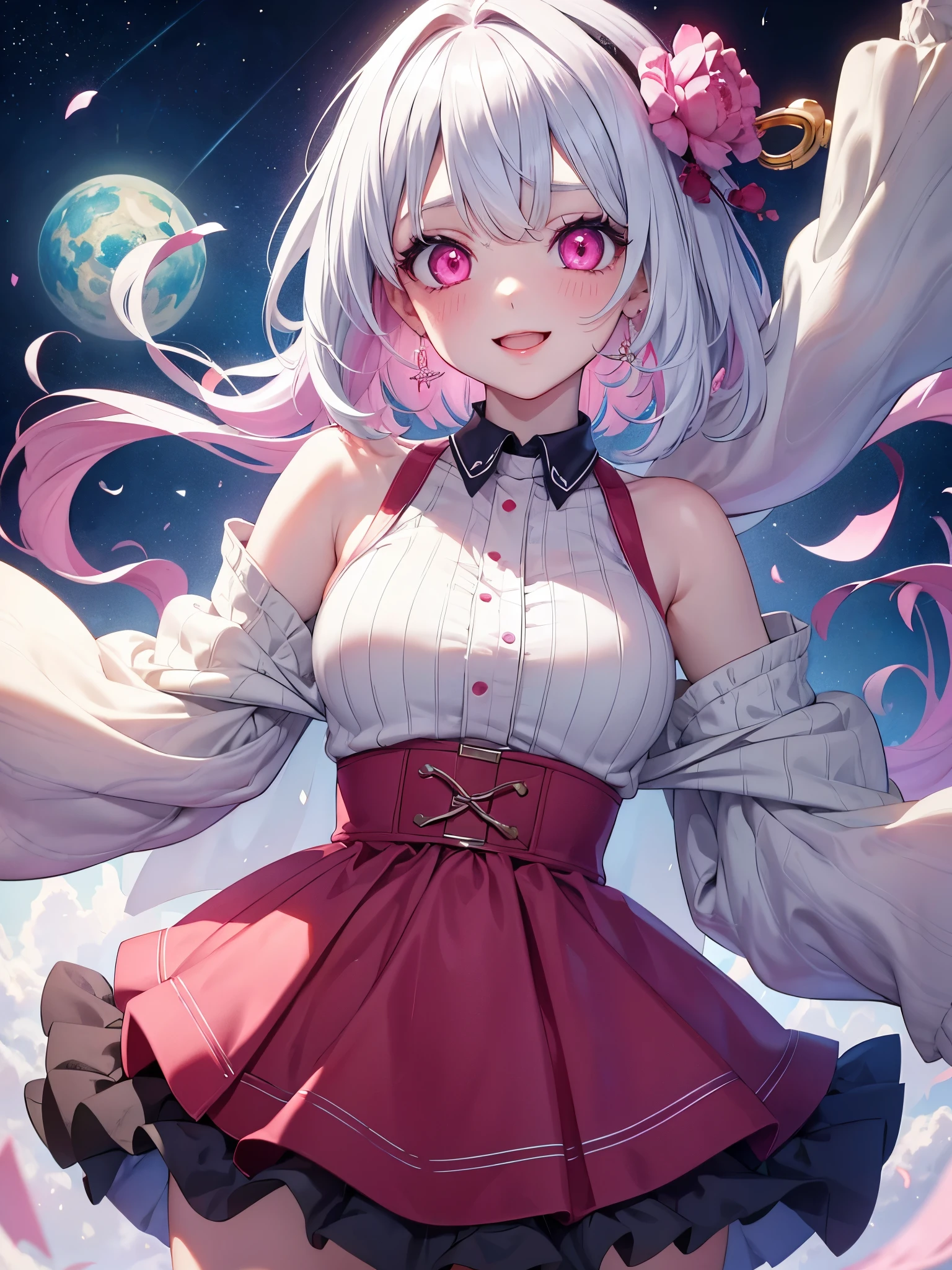 White hair. Short hair. Inner pink hair. Anime girl. Asian girl. Ulzzang. Pink eyes. Glowing eyes. Smiling. 
