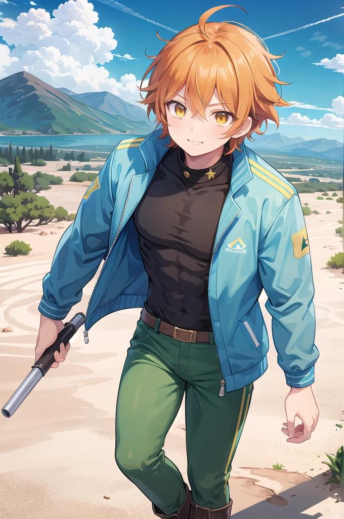 Muscular man, defined body, Gold rings on every finger, Light blue gangster jacket, Black shirt under the jacket, Green long army pants, Brown military boots, Wicked Smile, Orange spiky hair, Messy Hair, short hair, Yellow Eyes, Big Mountain々Desert landscape with clouds, Scenery with monsters around.