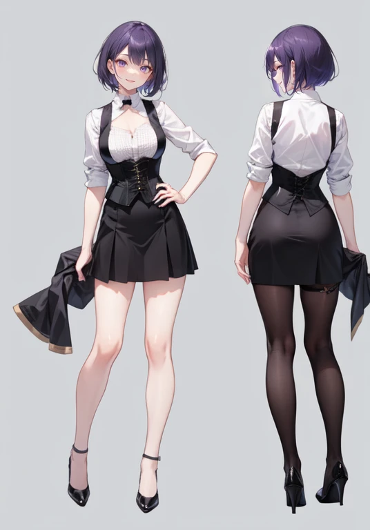 Purple hair,Short hair,Adult female,(Bartender),((Body harness)),((Black vest)),(Rolling up your sleeves shirt),(Corset),(Above knee length skirt),High heels,((Simple background)),Smile,((Full body)),((whole body)),Character Sheet,