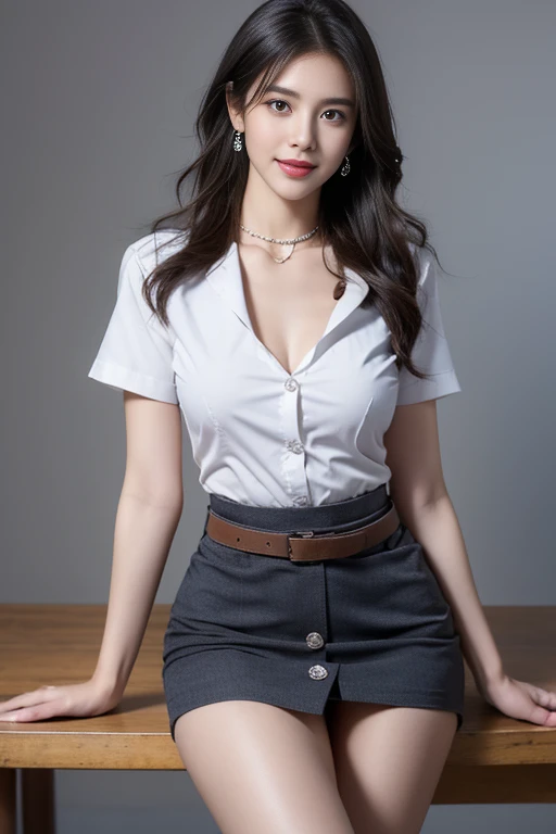 (((Medium hair))), Best quality, 8K, HDR, High resolution, full body photo Close-up photo of the shin, Blurry background, Bokeh:1.2, Photography, (RAW photo:1.2), (Realistic: 1.4), (masterpiece:1.3), (complicated details:1.2), 1 girl, single, delicate, beautiful, (detailed eyes), (detailed face), hair in one eye, purple eyes,Golden blonde hair, bob, side bangs, sitting, sharp eyeliner, blush eyeshadow with thick eyelashes, very delicate and beautiful. , round chin, 100 cm round earrings, sharp eyes, letter choker, diamond necklace, (symmetrical eyes)(perfectly symmetrical body) photo of a beautiful 20 year old girl, beautiful and charming with contemporary fashion drawings as well....., look at the person view,flat stomach, (((Perfect breasts))), tight, (looking_at_viewer), from_front, (thin), (best quality: 1.4), (ultra high resolution: 1.2), movie studio lighting, (illustration at Very detailed), (lip gloss, best quality, ultra high resolution, depth of field, caustic, wide exposure, natural shading, 85mm f/1.4, ISO 200, 1/ 160s:0.75), belt 3.5 cm, sitting on a study table. Raise one left leg on tiptoe. Allow your right leg to open freely at eye level,wearing engineering boots. Dynamic pose, smile, ((mahalaiuniform,white shirt short sleeves Unbutton the top 2 buttons, covered with a Dark blue short sleeved lab coat)), black pencil skirt,Open your chest, show your chest,