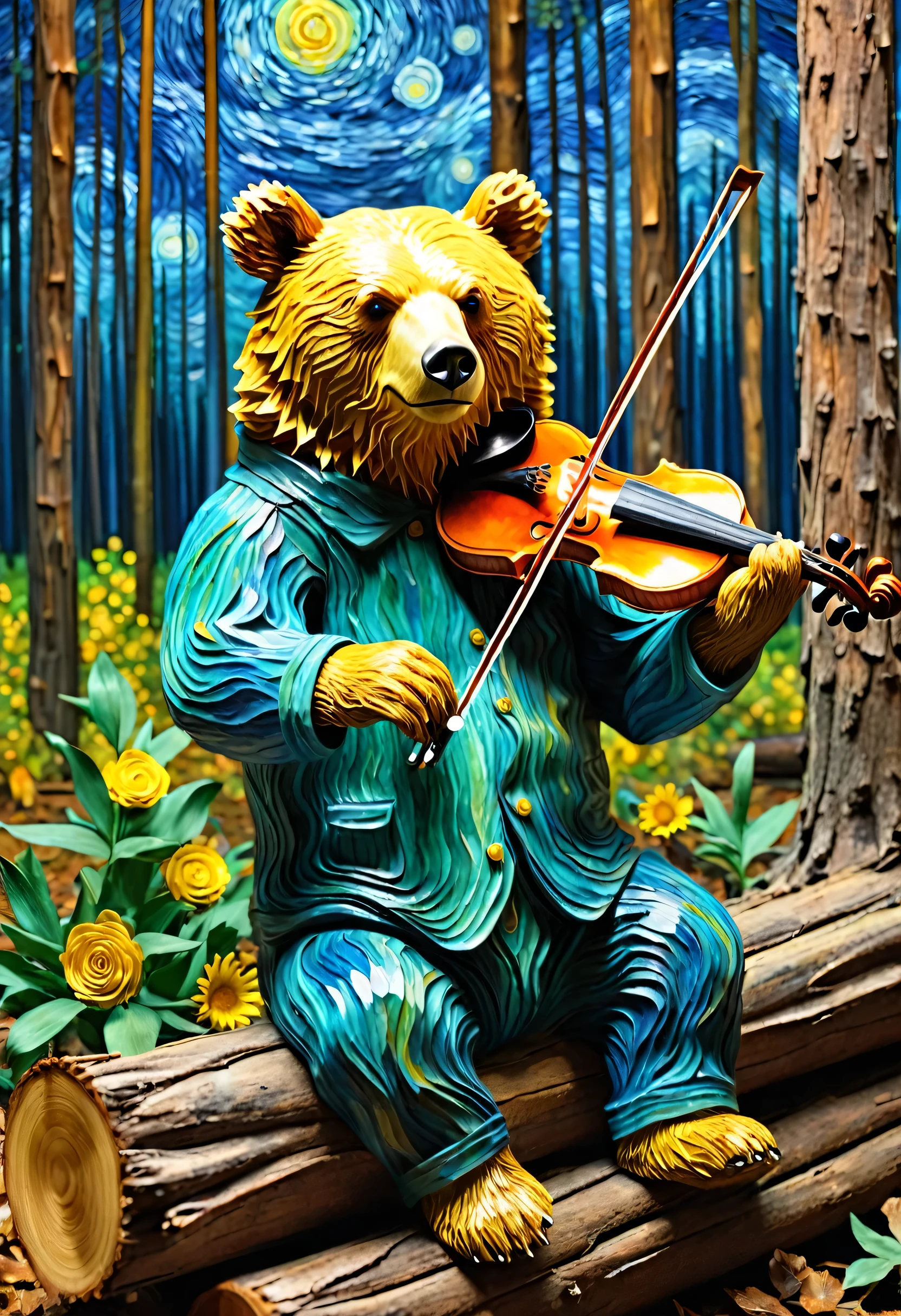 Make a Van Gogh version of a bear playing the violin sitting on a log in a forest,noite de van Gogh