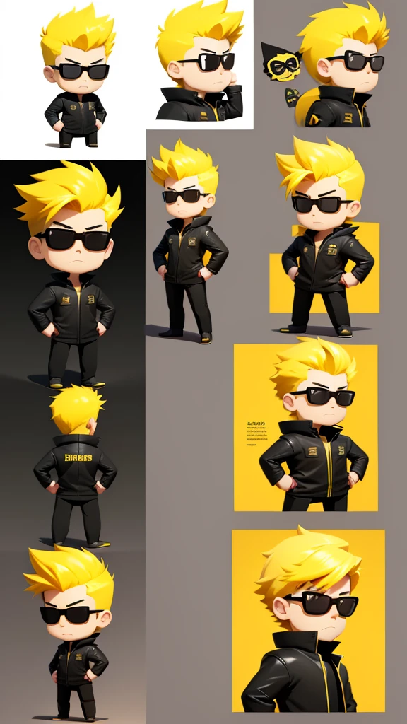 A cartoon network type cartoon character sheet, male ,yellow hair ,black sunglass ,square shape body ,full body turnaround 