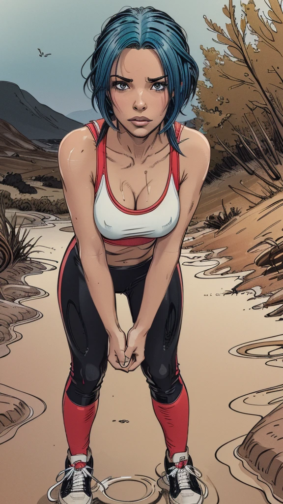 (vector image:1.2), (best quality), (highres), (masterpiece), (close-up), (junior girl:1.3), (colored hair), (gloomy orgasm), (blush), (sporty black red leggings), (sporty top), (near quicksand bog), (red), (blue), (sneakers), seductive standing, provocative photo session