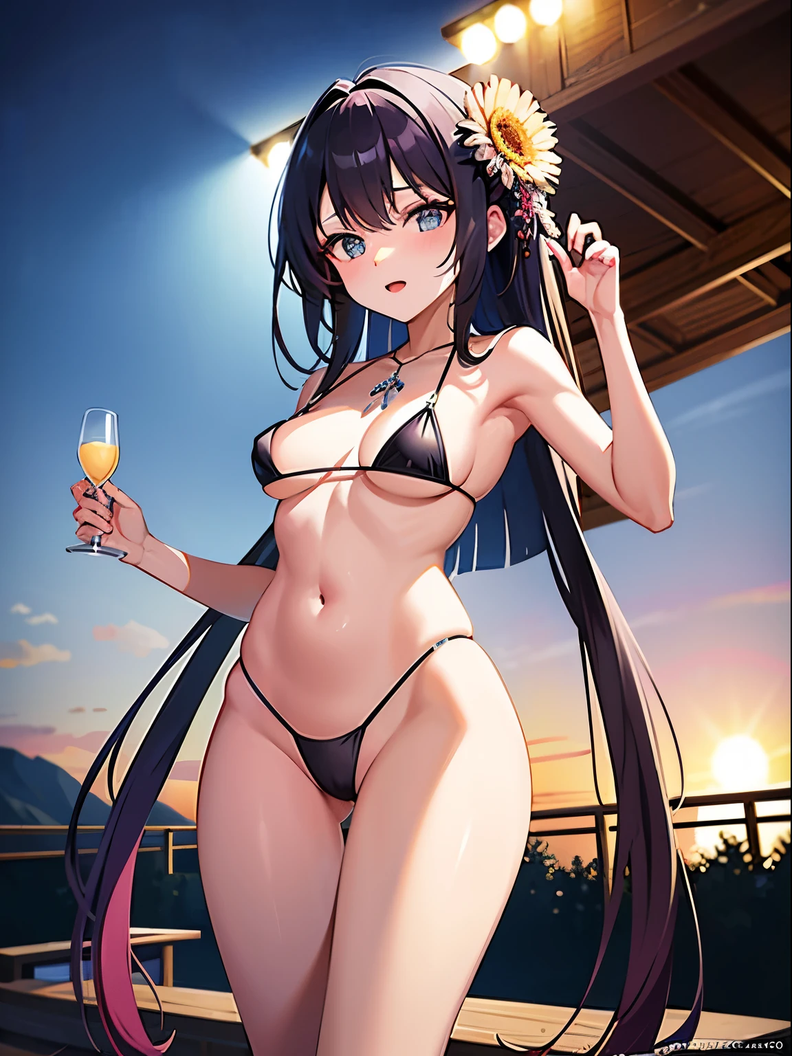 masterpiece, highest quality, Woman in her 20s, Two Women, Micro Bikini, Transparent Paleo, High leg, Women entangled on an outdoor stage, Fascinating, Slender Body, Small breasts, Perfect Skin, Perfect figure, gravure, Psyllium, Spotlight