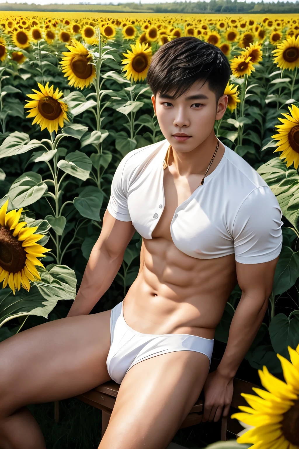 Asian muscular boy sitting on sunflower field , wearing only white shirt, black micro thong, showing his naked thighs, muscular young male,, mid shot portrait, high quality portrait, Attractive pose, yanjun cheng, Inspired by Bian Shoumin, gorgeous young model, Casual pose, portrait a 25 - year - old boy, casual photography, Realistic. Cheng Yi, cute young man